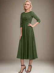 A-line Scoop Tea-Length Lace Chiffon Mother of the Bride Dress With Sequins
