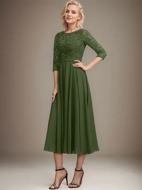 A-line Scoop Tea-Length Lace Chiffon Mother of the Bride Dress With Sequins