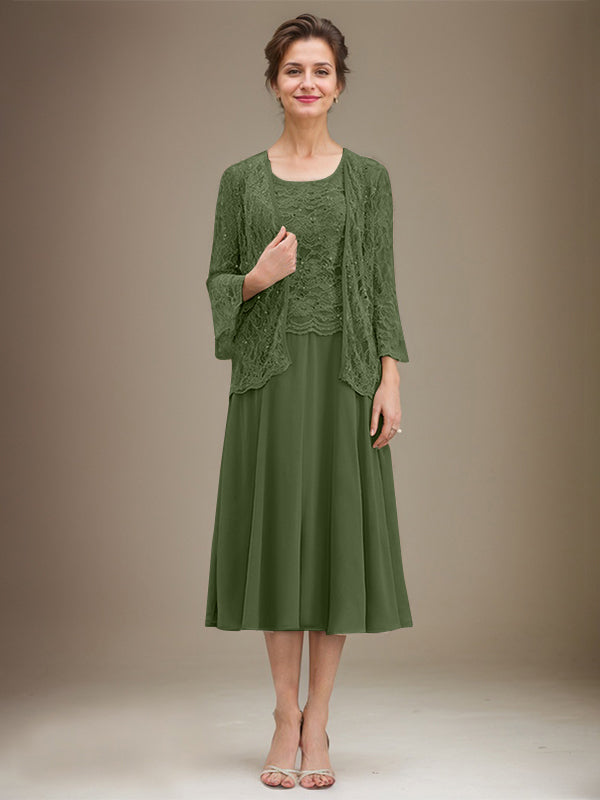 A-line Scoop Tea-Length Lace Chiffon Mother of the Bride Dress With Sequins