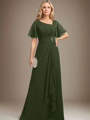 A-line Asymmetrical Floor-Length Chiffon Mother of the Bride Dress With Pleated Beading Sequins
