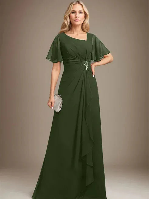 A-line Asymmetrical Floor-Length Chiffon Mother of the Bride Dress With Pleated Beading Sequins