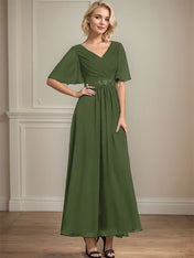 A-line V-Neck Ankle-Length Chiffon Mother of the Bride Dress With Pleated Beading Sequins