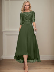 A-line Boat Neck Illusion Asymmetrical Chiffon Lace Mother of the Bride Dress With Sequins Beading