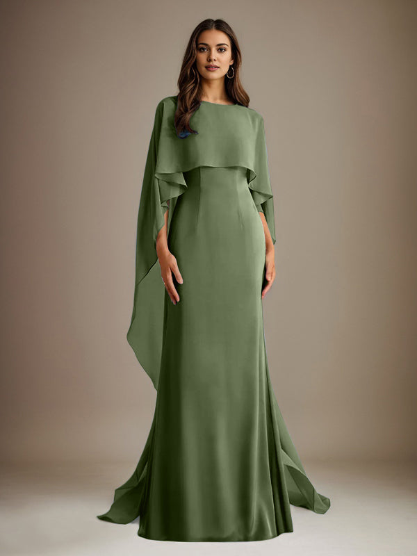 Robe de mère de la mariée en mousseline, coupe fourreau/colonne, col bateau, longueur ras du sol, avec volants en cascade 
