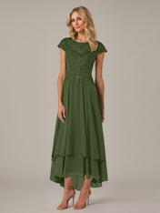 A-line Boat Neck Illusion Asymmetrical Chiffon Lace Mother of the Bride Dress With Applique Pleats