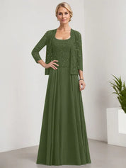 Robe de mère de la mariée trapèze carrée, longueur au sol, en mousseline de soie et dentelle, avec paillettes 