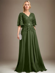 A-line V-Neck Floor-Length Chiffon Lace Mother of the Bride Dress With Crystal Brooch Rhinestone