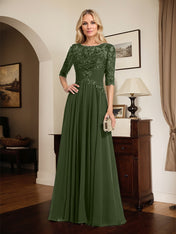 A-line Scoop Illusion Floor-Length Chiffon Lace Mother of the Bride Dress With Pleated Sequins