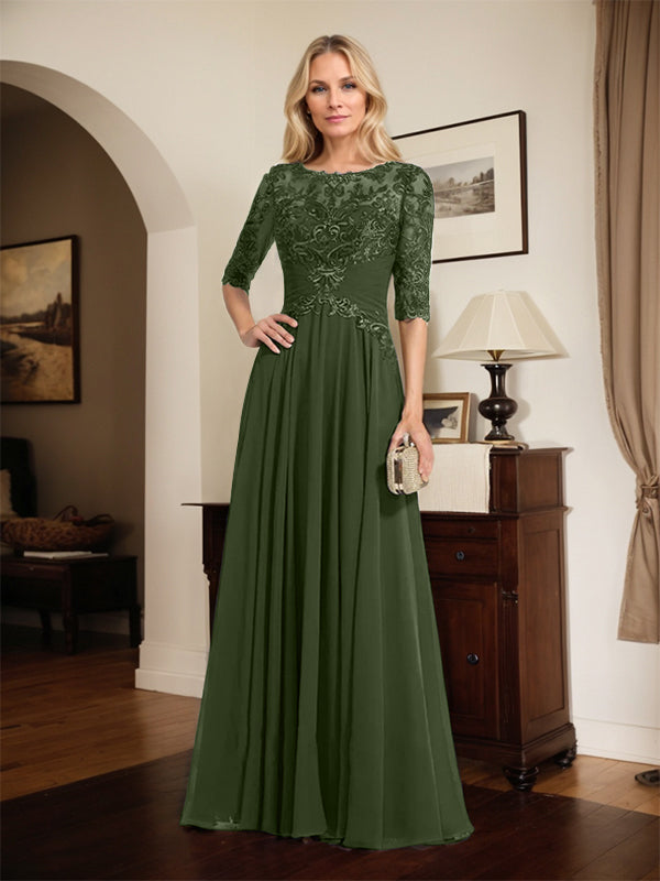 A-line Scoop Illusion Floor-Length Chiffon Lace Mother of the Bride Dress With Pleated Sequins