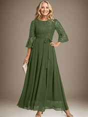 A-line Scoop Ankle-Length Lace Chiffon Mother of the Bride Dress With Bow