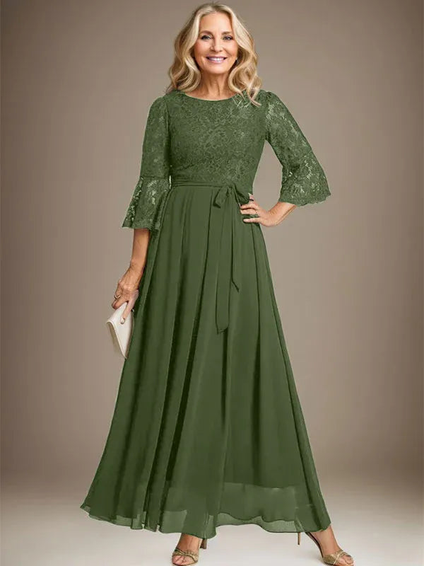 Robe de mère de la mariée trapèze en mousseline de soie et dentelle, longueur cheville, avec nœud