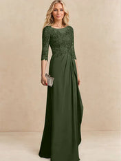 A-line Scoop Illusion Floor-Length Chiffon Lace Mother of the Bride Dress With Beading Sequins Cascading Ruffles