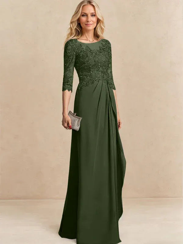 Robe de mère de la mariée trapèze en mousseline de soie et dentelle, longueur au sol, avec perles, paillettes et volants en cascade 