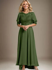 A-line Scoop Illusion Asymmetrical Chiffon Lace Mother of the Bride Dress With Beading