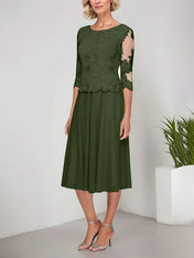 A-line Scoop Tea-Length Lace Chiffon Mother of the Bride Dress With Embroidery
