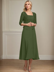 A-line Square Tea-Length Chiffon Lace Mother of the Bride Dress With Sequins Beading