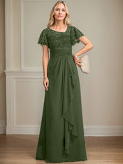 A-line Asymmetrical Illusion Floor-Length Lace Chiffon Mother of the Bride Dress With Cascading Ruffles Sequins