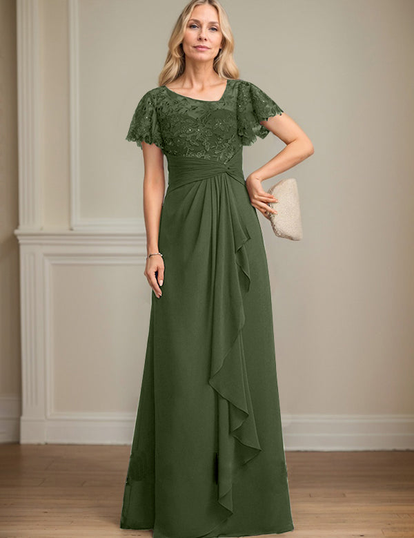 A-line Asymmetrical Illusion Floor-Length Lace Chiffon Mother of the Bride Dress With Cascading Ruffles Sequins