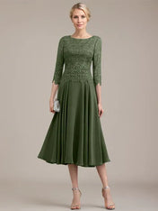 A-line Scoop Tea-Length Lace Chiffon Mother of the Bride Dress