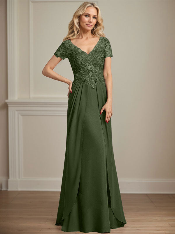 A-line V-Neck Floor-Length Chiffon Lace Mother of the Bride Dress