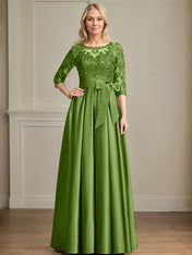 A-line Scoop Illusion Floor-Length Satin Lace Mother of the Bride Dress With Sequins Bow