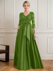 A-line V-Neck Floor-Length Satin Lace Mother of the Bride Dress With Sequins Bow