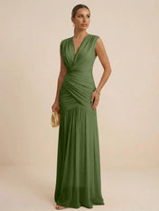 Pink Regular Straps V Neck Chiffon Pleat Mermaid Maxi Dress