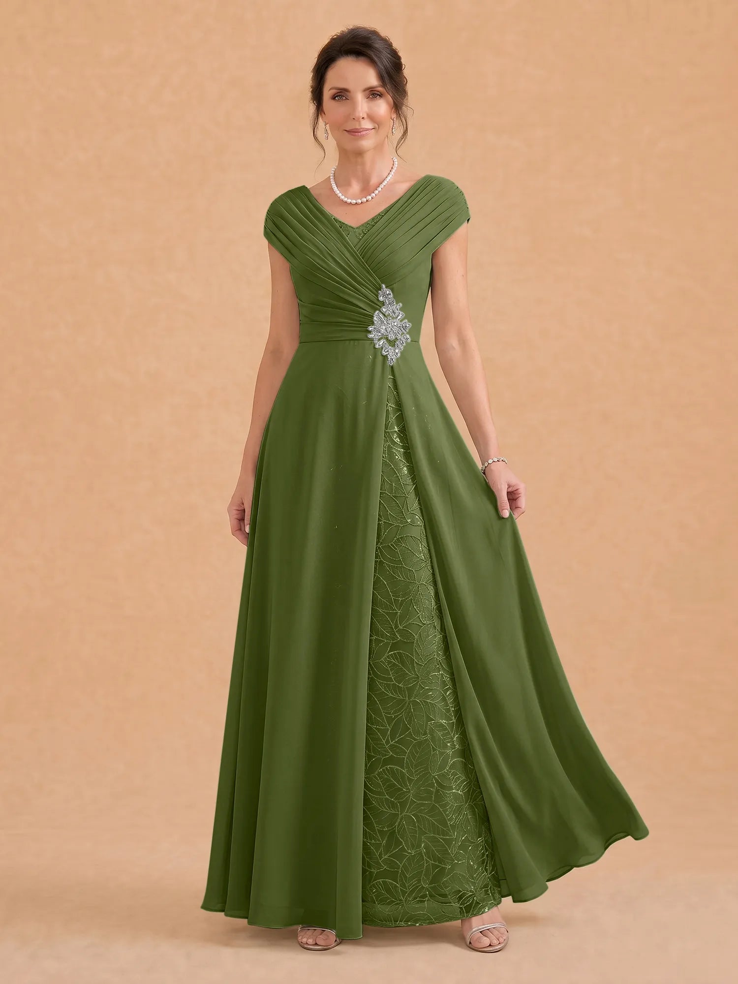 V-Neck Ruched Chiffon A-Line Mother of the Bride Dress with Crystal Brooch