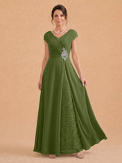 V-Neck Ruched Chiffon A-Line Mother of the Bride Dress with Crystal Brooch
