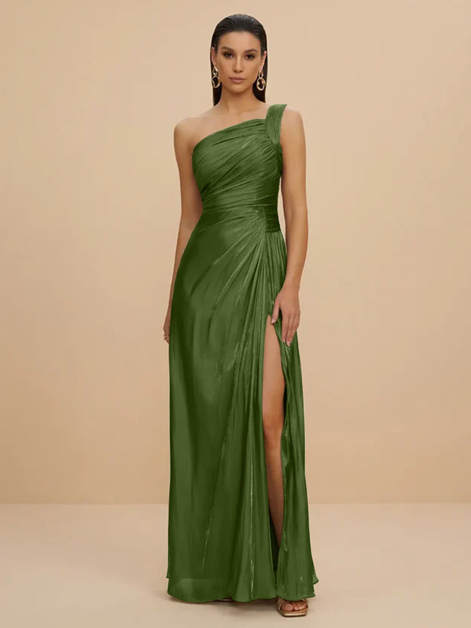 Forma Dress One Shoulder Metallic Pleated Evening Gown with High Slit