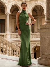 Navy Blue Halter Neck Maxi Dresses Mermaid Evening Dress