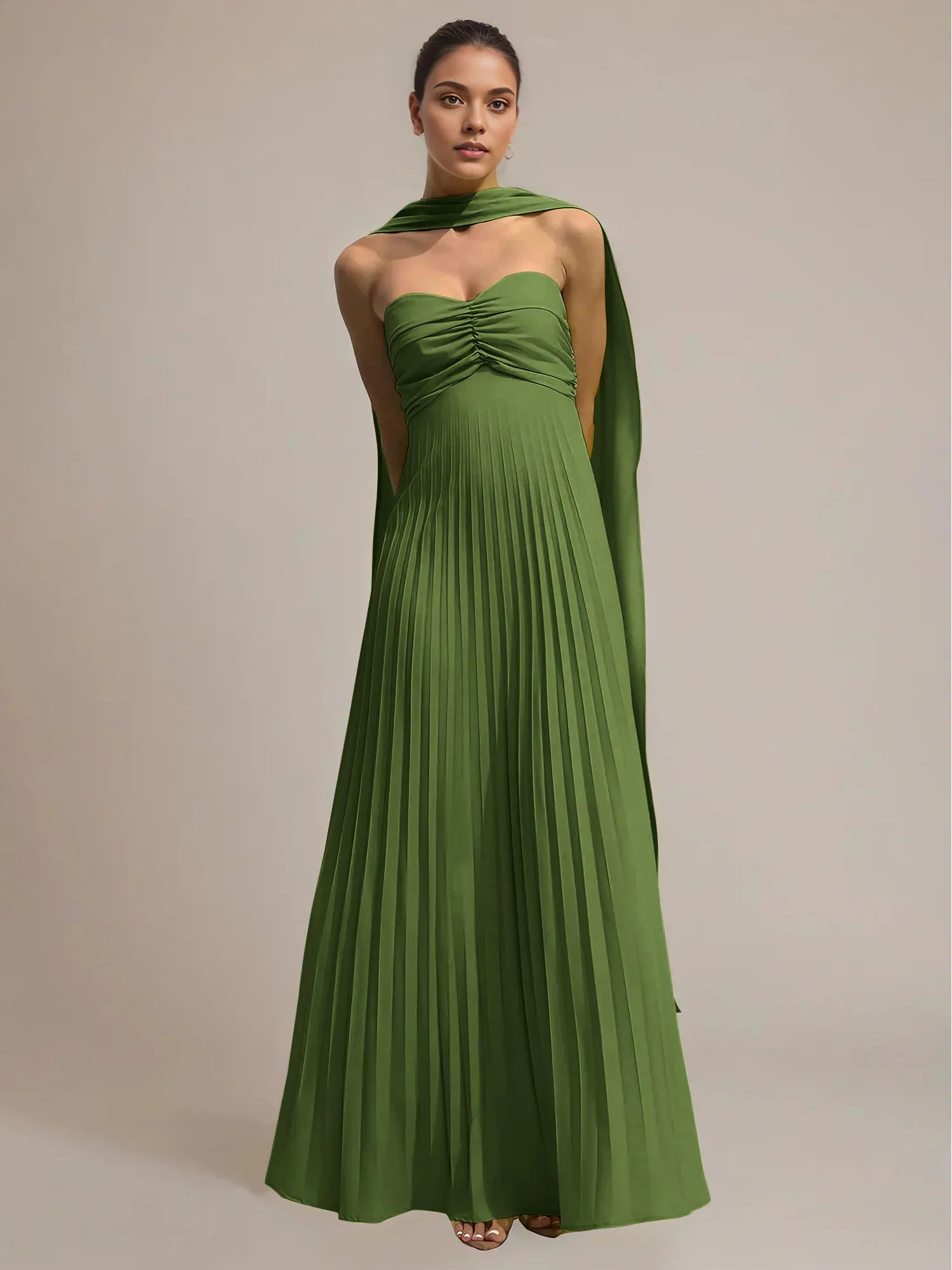 Green Chiffon A Line Off The Shoulder Sleeveless Floor Length Pleated Dress