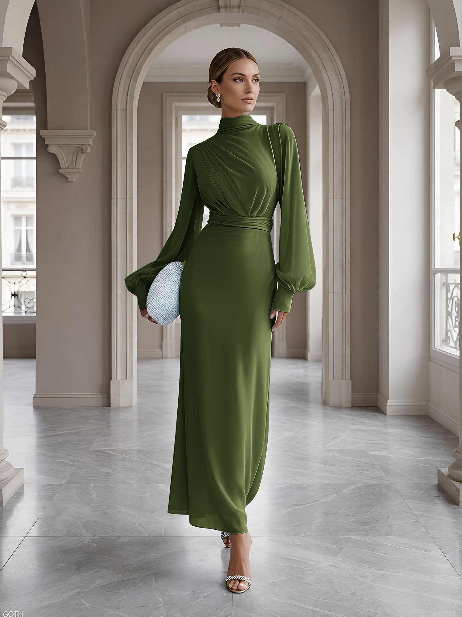 Ice Blue High-Neck Bishop Sleeve Gown Foraml Evening Dress