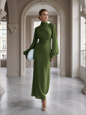 Ice Blue High-Neck Bishop Sleeve Gown Foraml Evening Dress