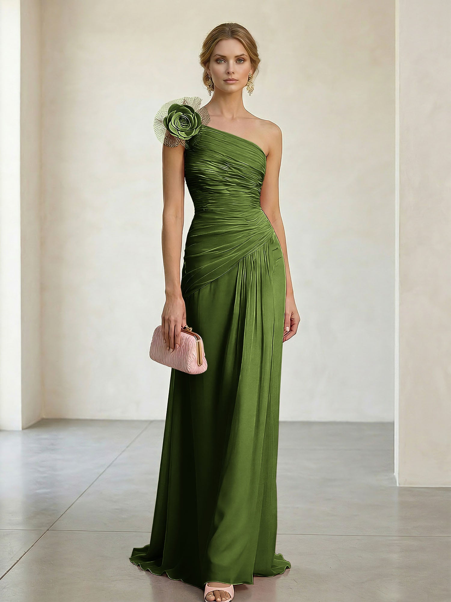 Blush Pink One-Shoulder Ruched 3D Floral Gown Dress