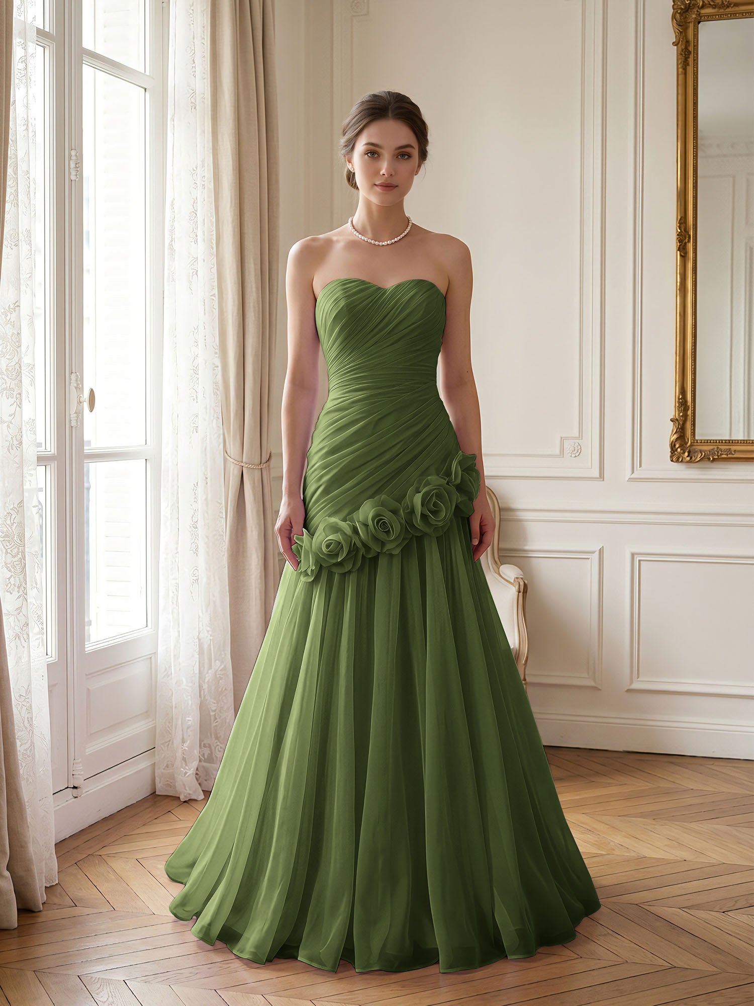 Lilac 3D Rosette Strapless Chiffon Evening Formal Gown Wedding Guest Dress