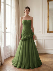 Lilac 3D Rosette Strapless Chiffon Evening Formal Gown Wedding Guest Dress