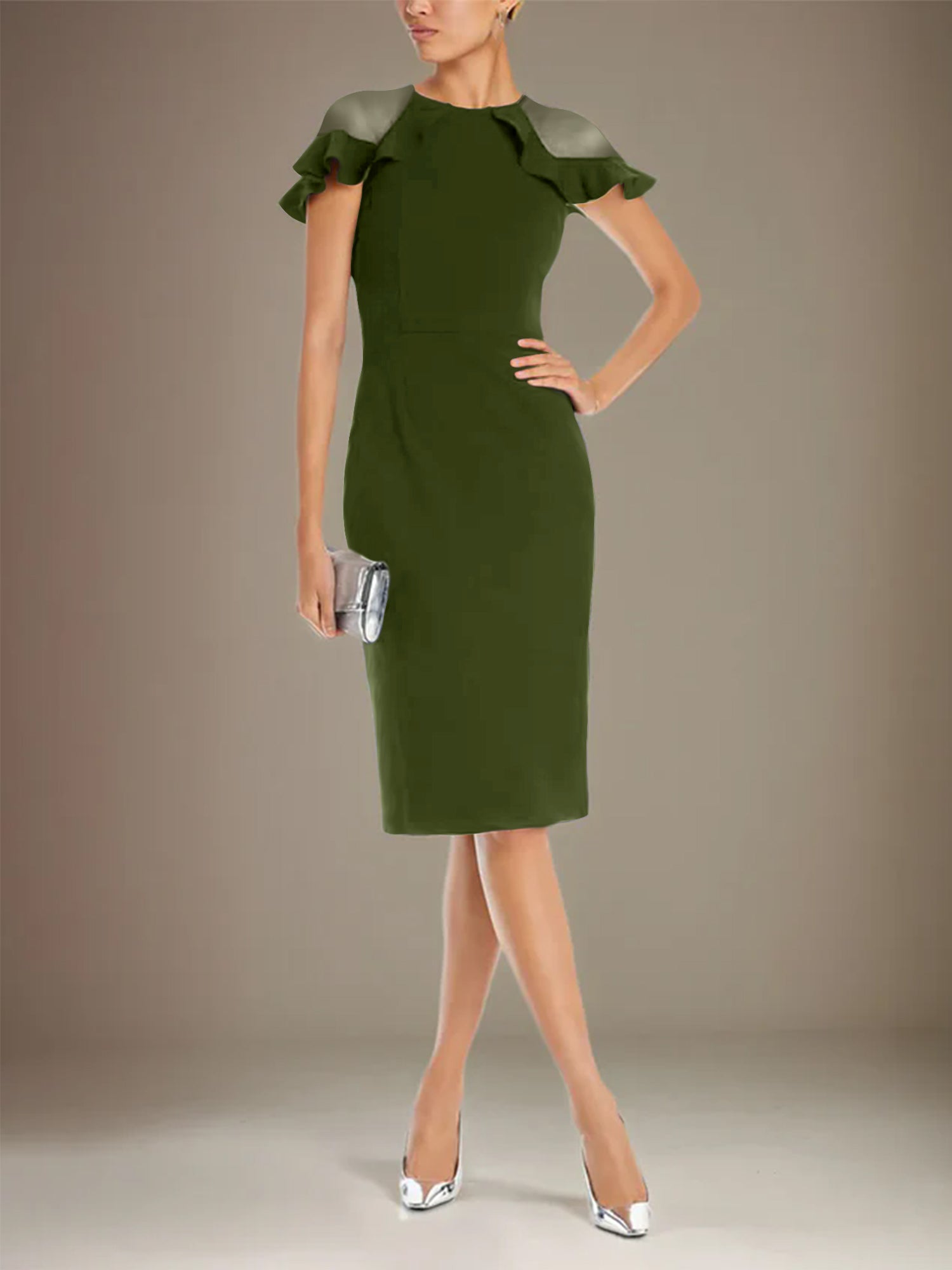 Column Stretch Crepe Scoop Short Sleeves Knee Length Dress