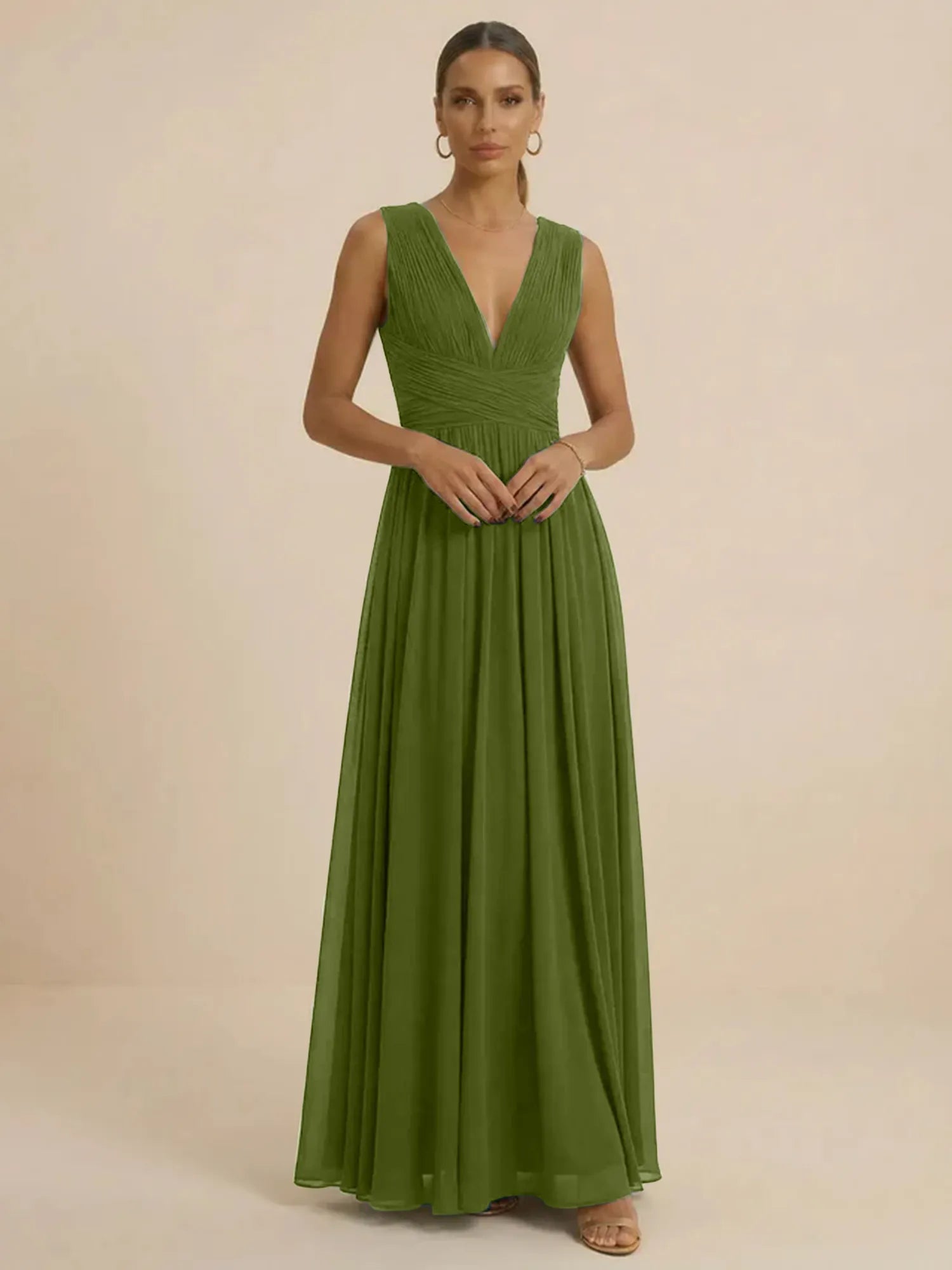 Teal Pleated V-Neck Chiffon Evening Gown with Ruched
