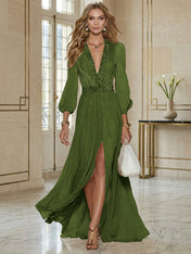 Elegant Beige Chiffon V-neck With Rhinestone Embellishments And A Side Slit Maxi Dress