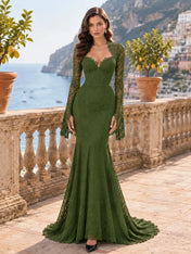 Long-Sleeve Lace-Trimmed Mermaid Evening Dress