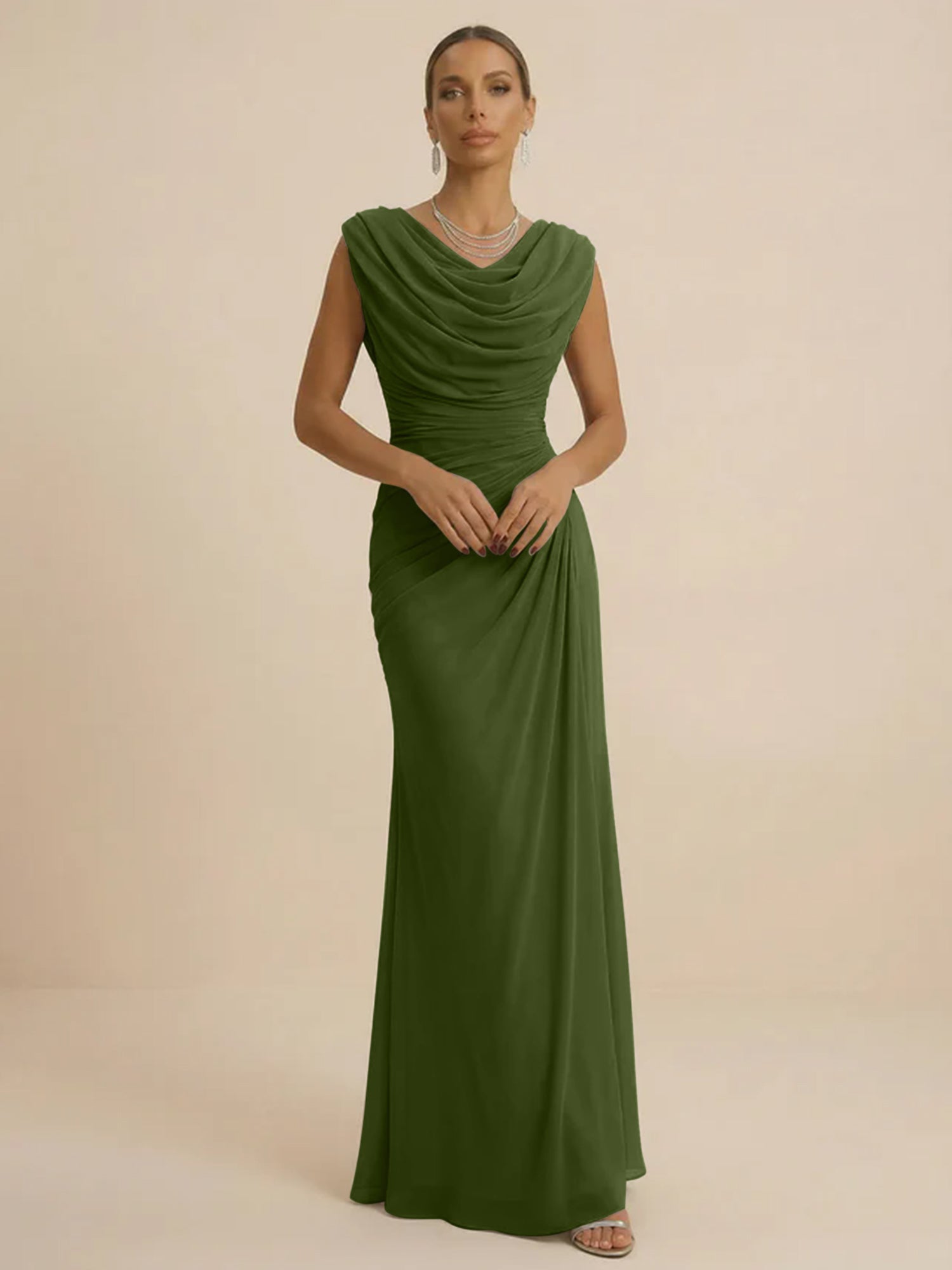 Dusty Grey Draped Cowl Neck Ruched Chiffon Evening Dresses