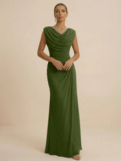 Dusty Grey Draped Cowl Neck Ruched Chiffon Evening Dresses