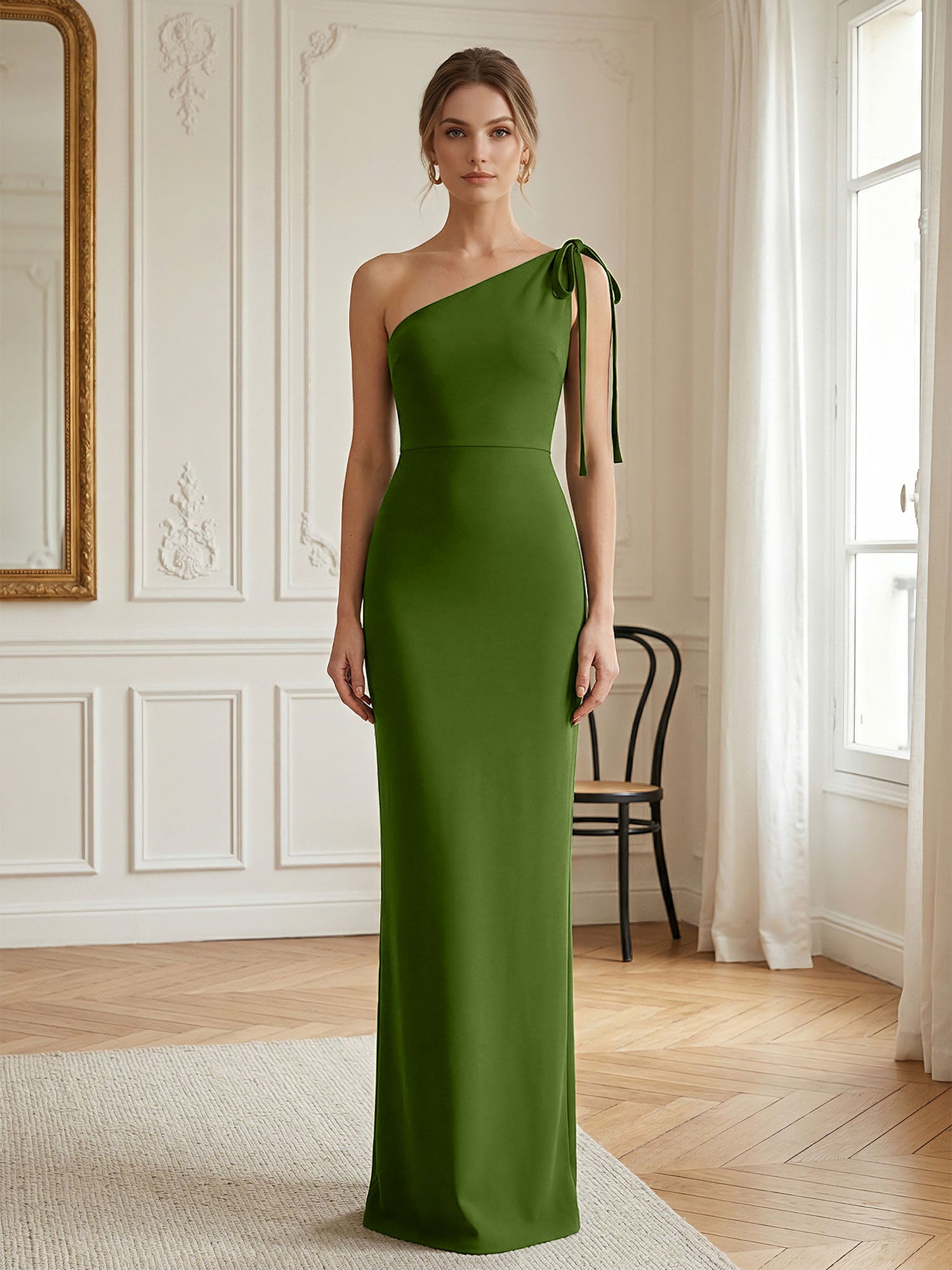 Green Formal Evening Dress Sheath One Shoulder Sleeveless Maxi Dress Gown