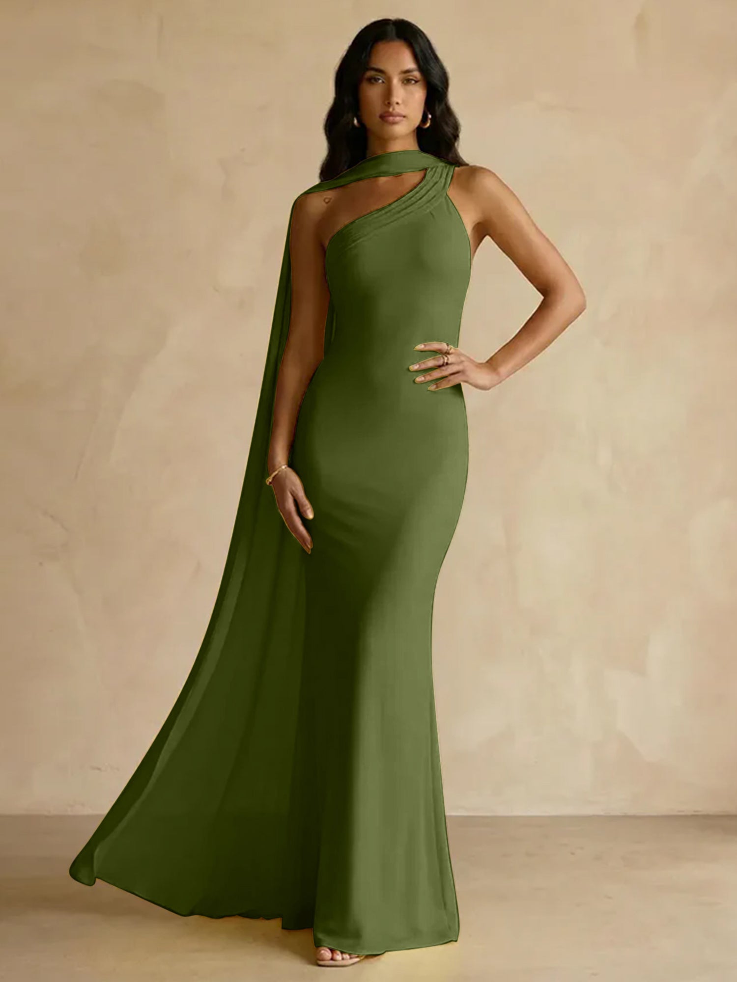 Yellow One-Shoulder Crepe Sheath Gown with Flowing Chiffon Cape Train