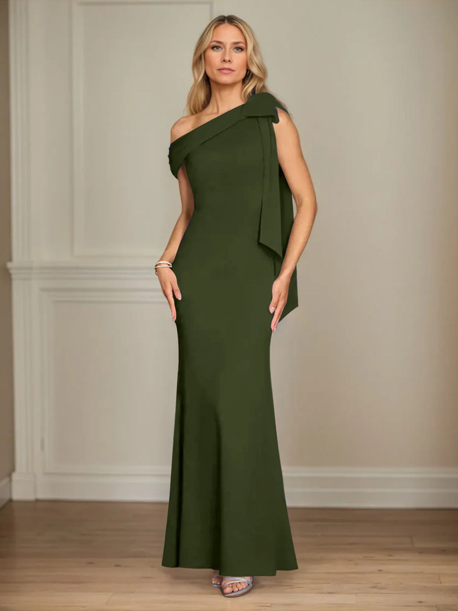 Mermaid One Shoulder Sleeveless Stretch Crepe Mother of the Bride Dress With Bow