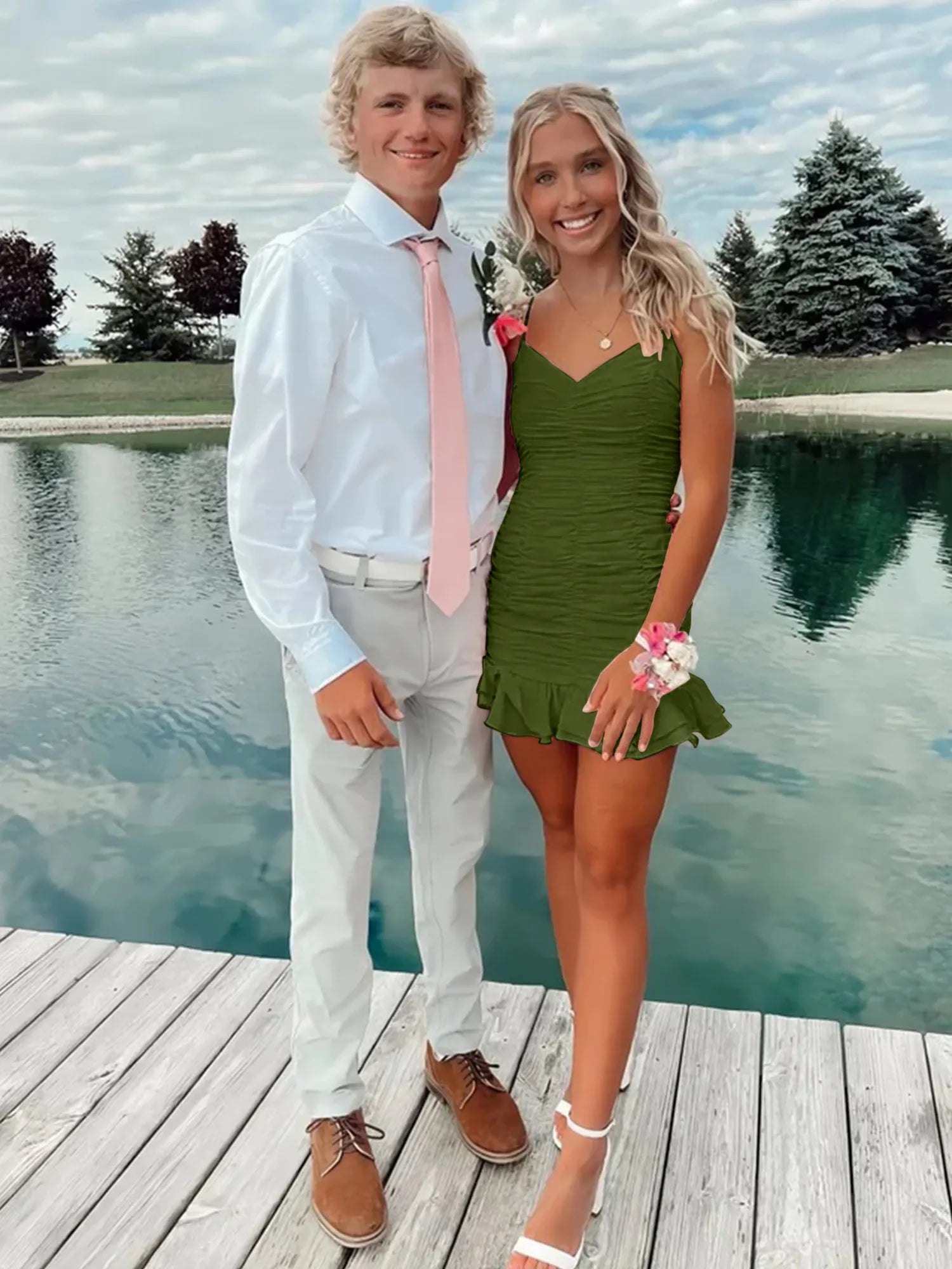 Cute Sheath Satin Short Homecoming Dress with Ruffles