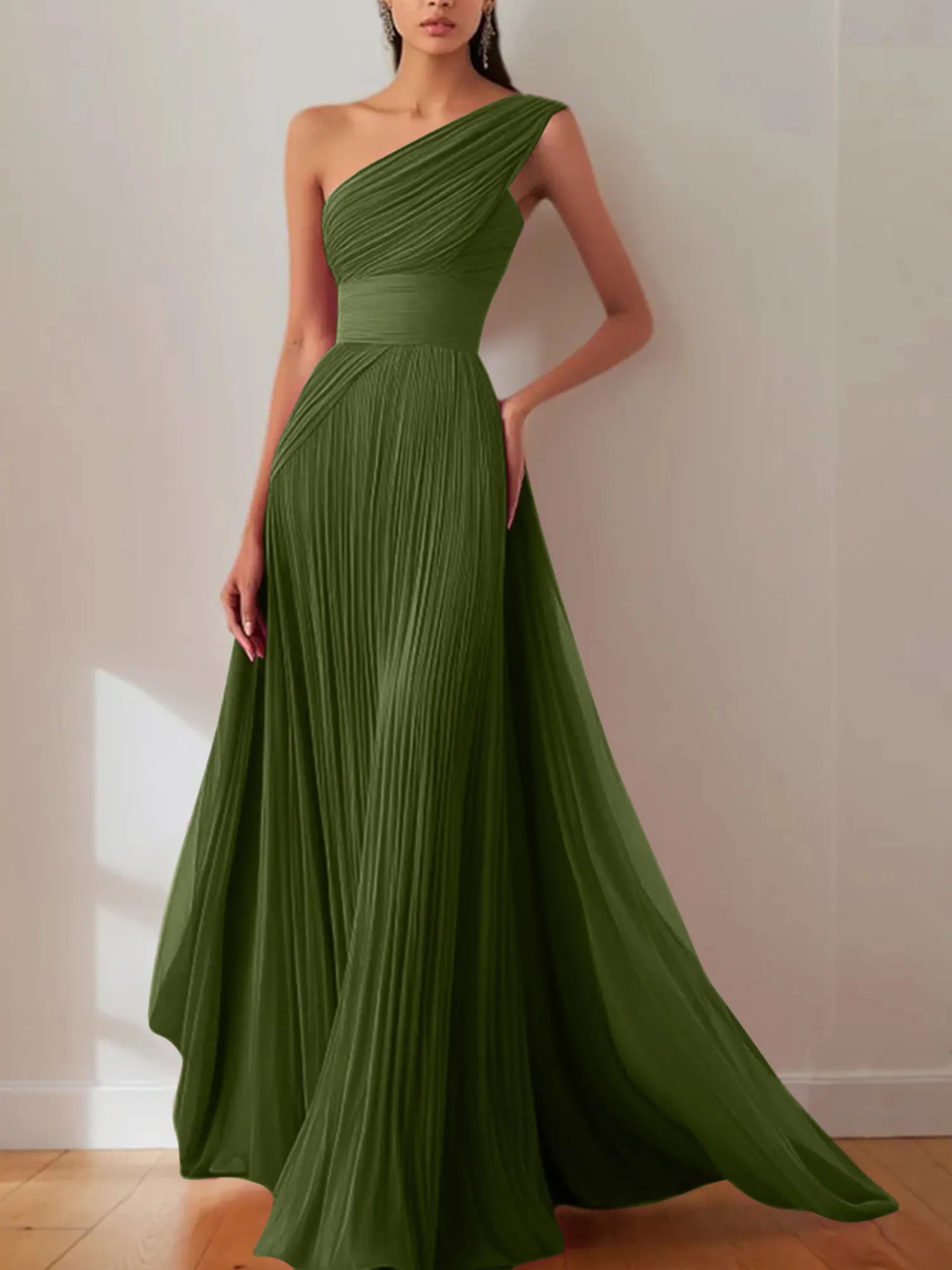 Prom Formal Pleated Dress Rose Color One-Shoulder Maxi Dress