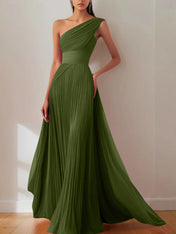 Prom Formal Pleated Dress Rose Color One-Shoulder Maxi Dress