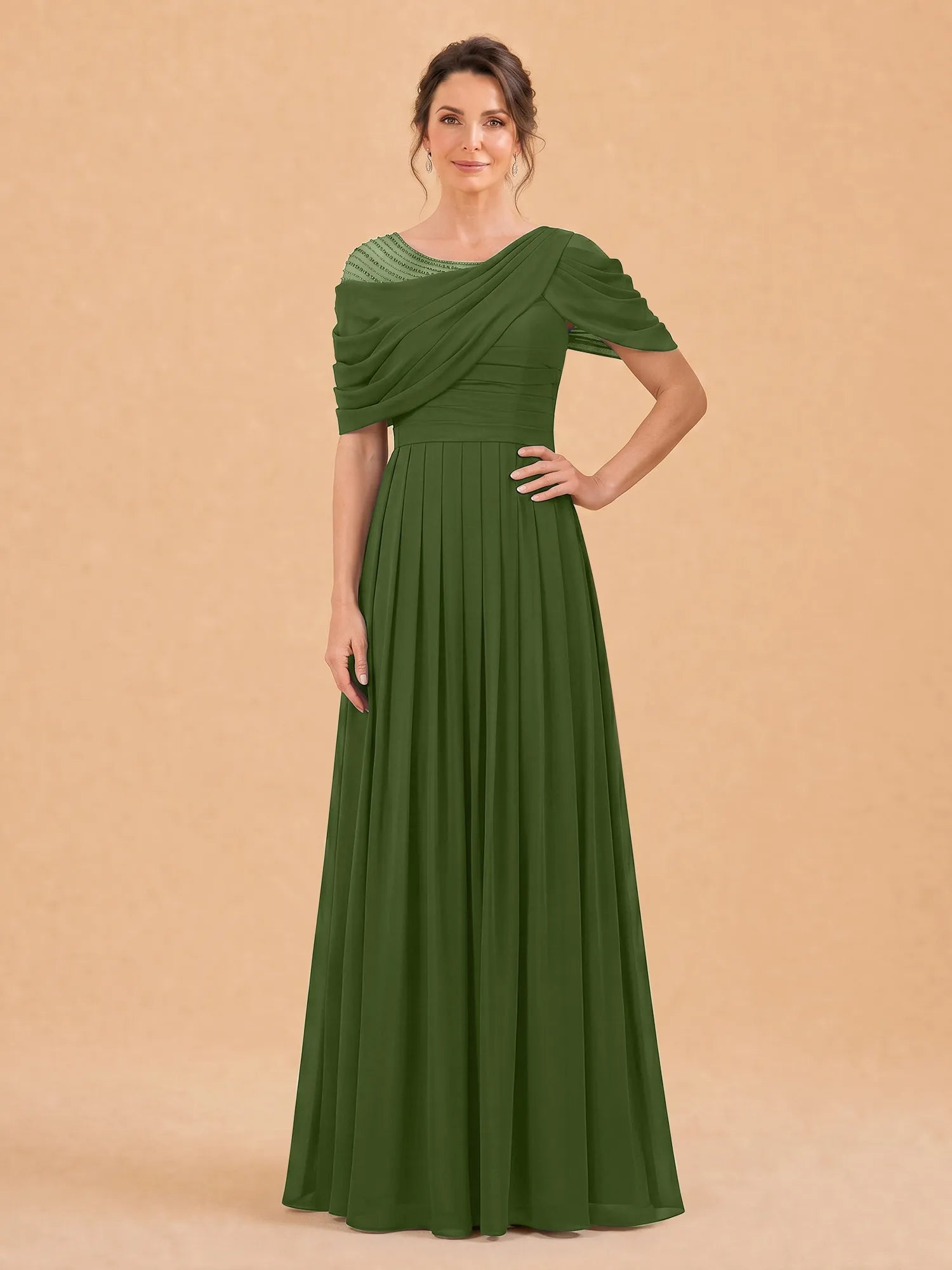 One-Shoulder Cape Overlay Chiffon Mother of the Bride Dress